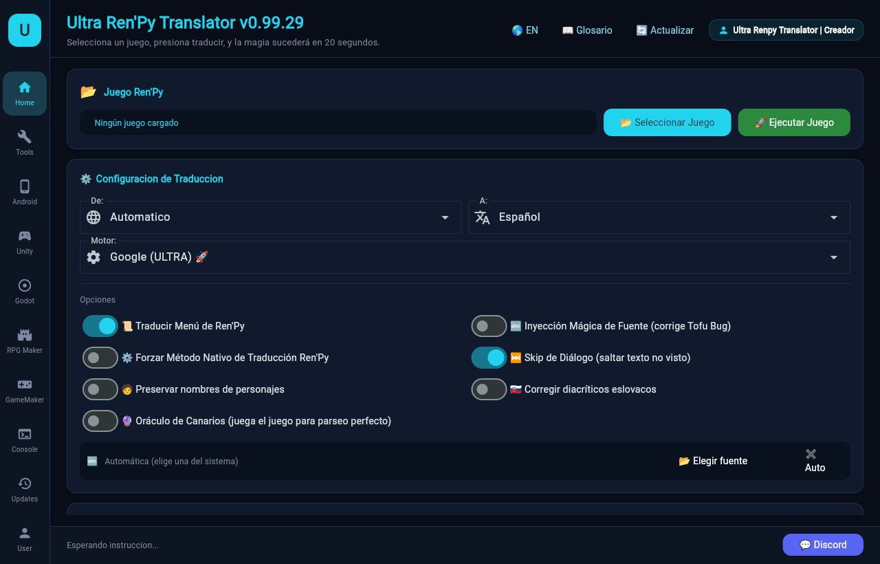 Ultra Translator: pantalla principal con el selector de juego, idioma y motor