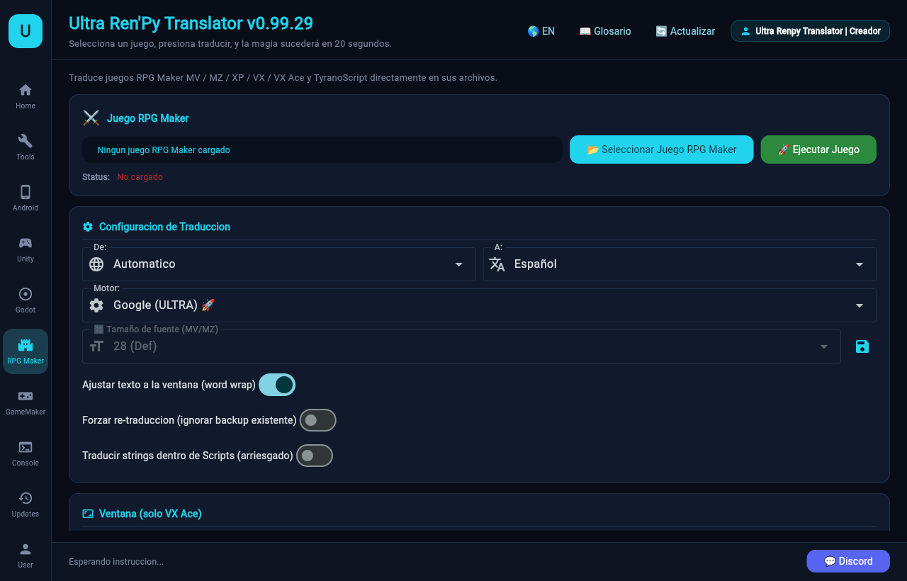 Ultra Translator: panel de RPG Maker con ajuste de texto y tamaño de fuente