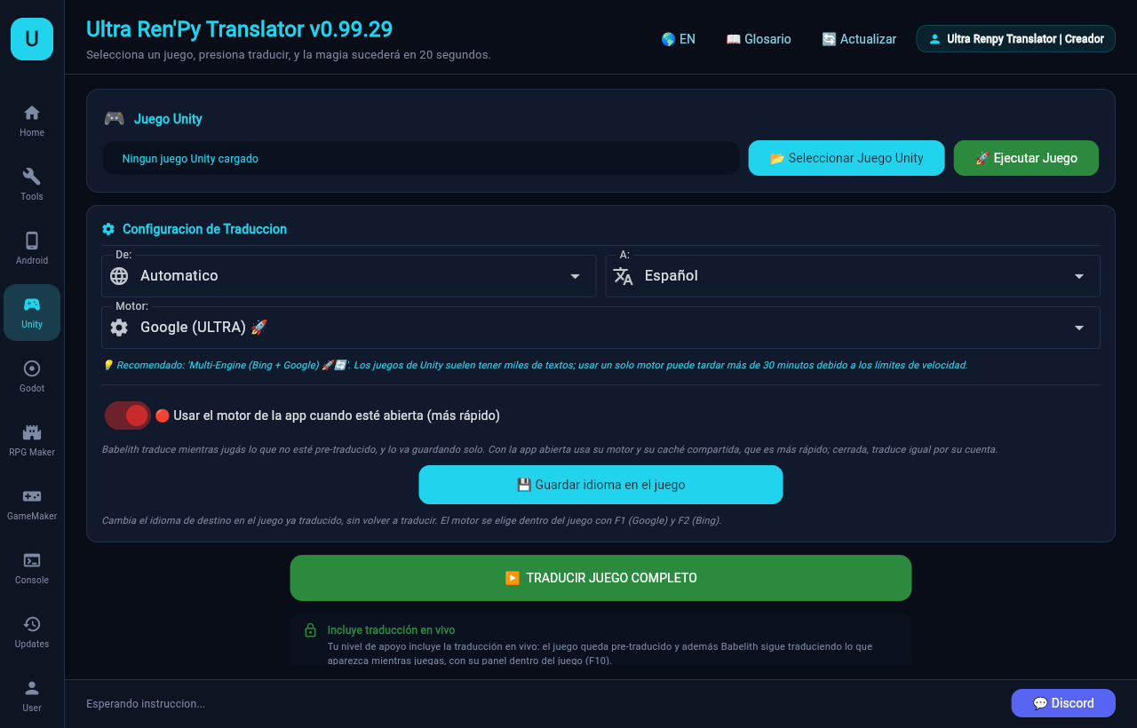 Ultra Translator: panel de Unity con Babelith